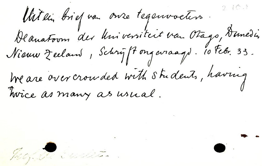 Ongevraagde reactie vanuit Nieuw-Zeeland. Bron: Rijksuniversiteit Groningen, Archief Deelman 2.10.1Unsollicited response from New Zealand. Source: University of Groningen, Deelman archive 2.10.1