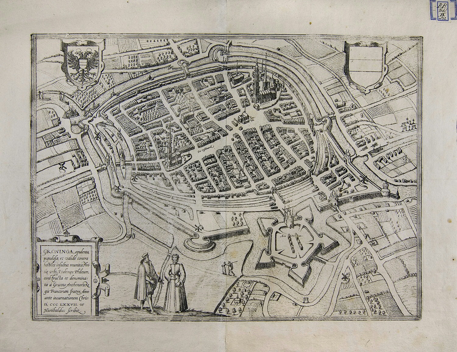 Deze kaart is een kopergravure van Groningen in 1575 zoals die werd uitgegeven. Particulieren konden zelf hun kaarten in laten kleuren.This map is a copper engravement of a birds-eye view of Groningen in 1575 as it was published. Owners could have their personal maps colored, if they wanted to.