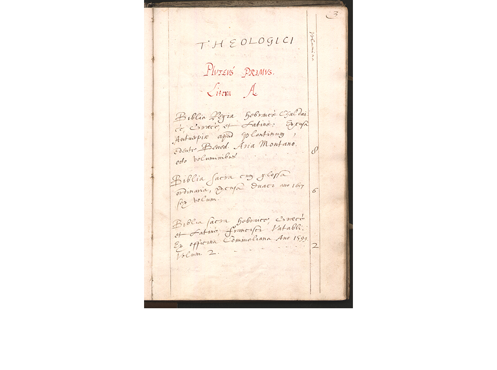 In zijn eigen handschrift verdeelde Mulerius de boeken in zeven categorieën: Theologici, Iuridici, Medici, Philosophi, Literatores, Mathematici en Historici. Deze syllabus werd gebruikt van 1619 tot 1755.