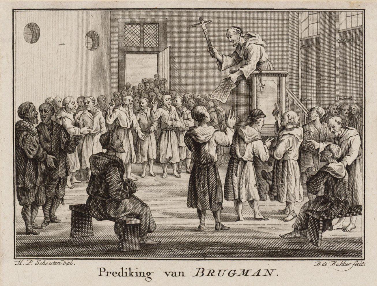 5. Prediking van Johannes Brugman. Prent van H.P. Schouten en B. de Bakker voor: L. van Ollefen, Verkorte beschryving van Amsteldam, geschikt voor de opvoeding der jeugd (Amsterdam 1782) (bron: Stadsarchief Amsterdam)