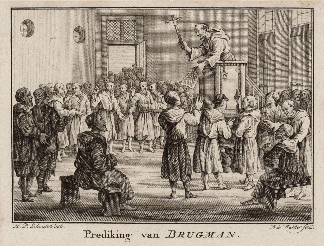 5. Prediking van Johannes Brugman. Prent van H.P. Schouten en B. de Bakker voor: L. van Ollefen, Verkorte beschryving van Amsteldam, geschikt voor de opvoeding der jeugd (Amsterdam 1782) (bron: Stadsarchief Amsterdam)5. Prediking van Johannes Brugman. Print by H.P. Schouten and B. de Bakker for: L. van Ollefen, Verkorte beschryving van Amsteldam, geschikt voor de opvoeding der jeugd (Amsterdam 1782) (source: Amsterdam City Archives)