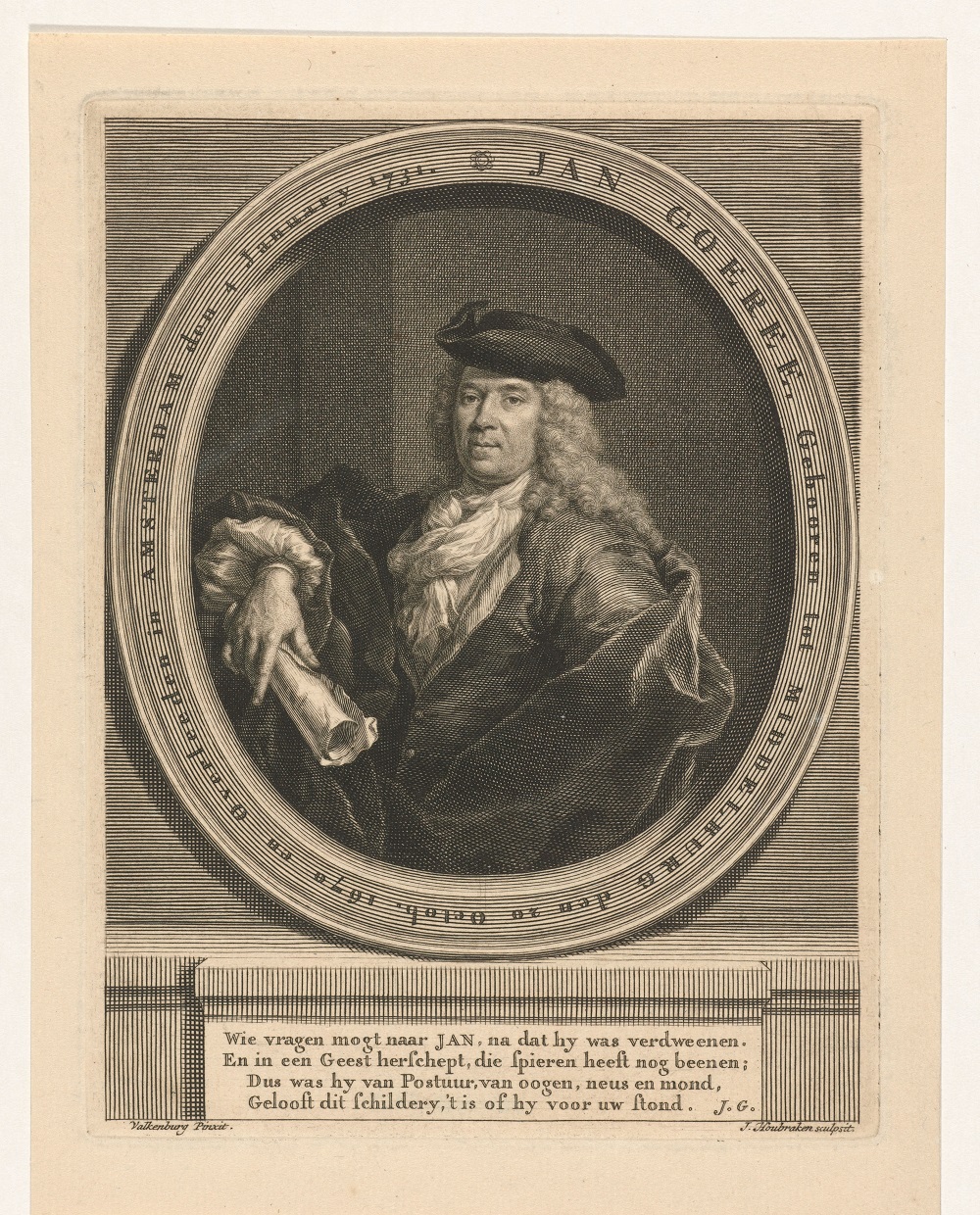 Portret van Jan Goeree (1670-1731), titelprentmaker en -dichter voor de Europische Mercurius, vervaardigd door Jan Houbraken naar een voorstelling van Dirk Valkenburg.