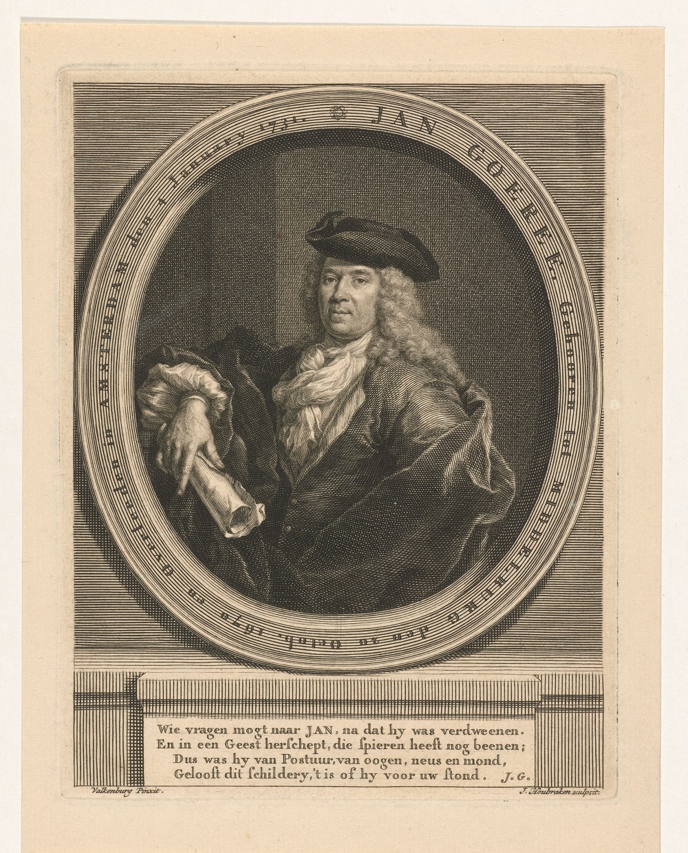 Portret van Jan Goeree (1670-1731), titelprentmaker en -dichter voor de Europische Mercurius, vervaardigd door Jan Houbraken naar een voorstelling van Dirk Valkenburg.Portrait of Jan Goeree (1670-1731), designer of frontispieces and author of rhymed explanations for the Europische Mercurius, made by Jan Houbraken after an image by Dirk Valkenburg.