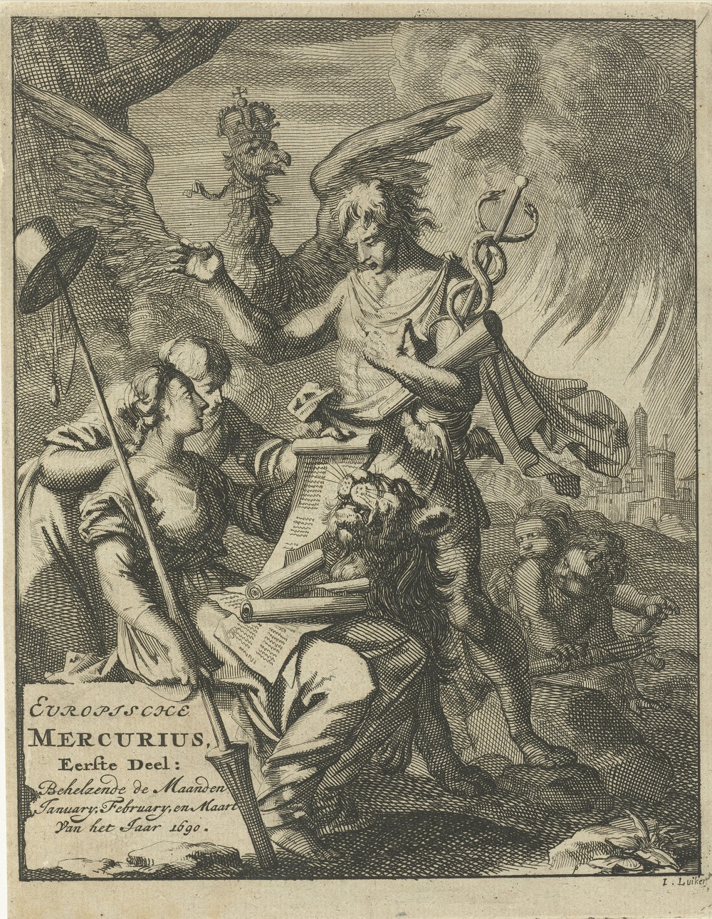 De eerste titelprent van de Europische Mercurius uit 1690, gesigneerd door Jan Luyken. Mercurius presenteert nieuws over de Negenjarige Oorlog aan de vrijheidsmaagd.