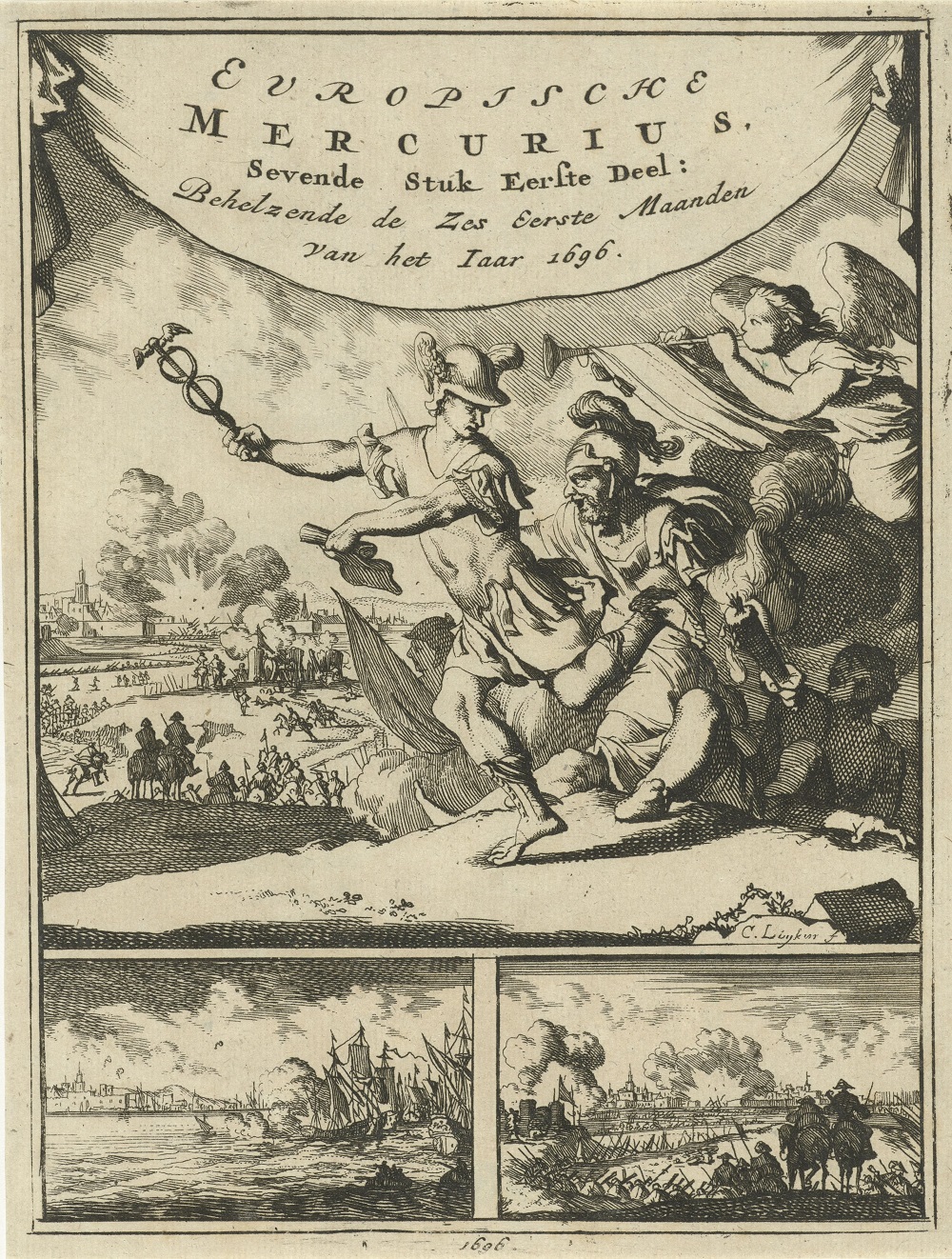 Titelprent gesigneerd door Caspar Luyken voor de Europische Mercurius van 1696, met oorlogstaferelen uit de Negenjarige Oorlog. 