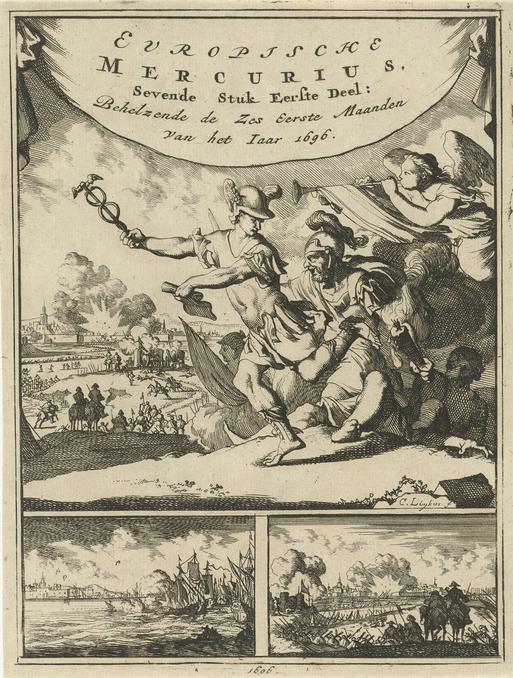 Titelprent gesigneerd door Caspar Luyken voor de Europische Mercurius van 1696, met oorlogstaferelen uit de Negenjarige Oorlog. Frontispiece of the Europische Mercurius from 1696, signed by Caspar Luyken, with scenes of the War of the League of Augsburg.