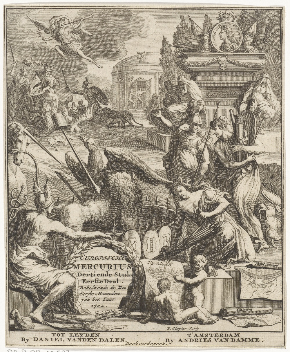 Titelprent gesigneerd door Pieter Sluyter voor de Europische Mercurius van 1702. De nieuwsonderwerpen zijn de dood van stadhouder-koning Willem III en het begin van de Spaanse Successieoorlog 