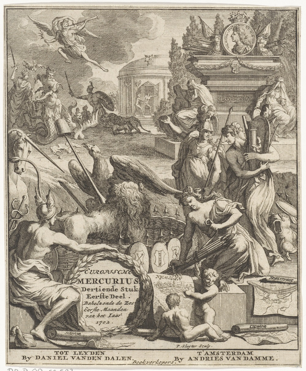 Titelprent gesigneerd door Pieter Sluyter voor de Europische Mercurius van 1702. De nieuwsonderwerpen zijn de dood van stadhouder-koning Willem III en het begin van de Spaanse Successieoorlog Frontispiece of the Europische Mercurius from 1702, signed by Pieter Sluyter. The demise of King-Stadtholder William III of Orange and the start of the War of the Spanish Succession are the news topics.