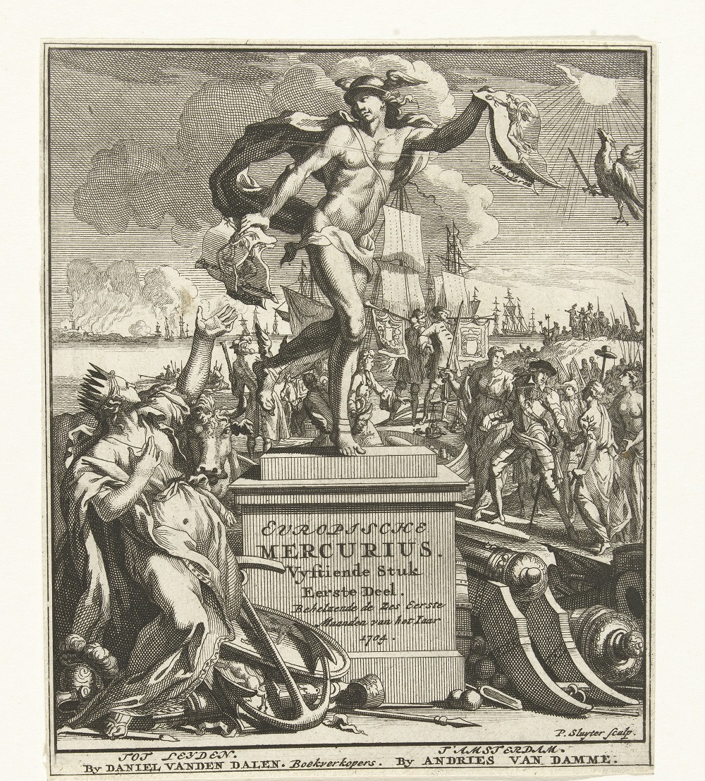 Titelprent voor de Europische Mercurius van 1704, ontworpen door Jan Goeree en gegraveerd door Pieter Sluyter. Mercurius overhandigt nieuws over de Spaanse Successieoorlog aan prinses Europa. De Spaanse troonpretendent Karel reist naar Spanje. Frontispiece of the Europische Mercurius from 1704, designed by Jan Goeree and engraved by Pieter Sluyter. Mercury delivers news about the War of the Spanish Succession to Princess Europa. The Spanish pretender Charles is travelling to Spain.