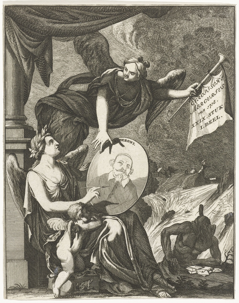 Titelprent voor de Europische Mercurius van 1718, toe te schrijven aan Jan Goeree. Godin Fama beweegt geschiedenismuze Clio te stoppen met het portretteren van de Spaanse premier Alberoni, die expansie in Italië wil. Mercurius redt zich uit de kolken van de Kerstvloed die vooral Groningen trof in 1717. 