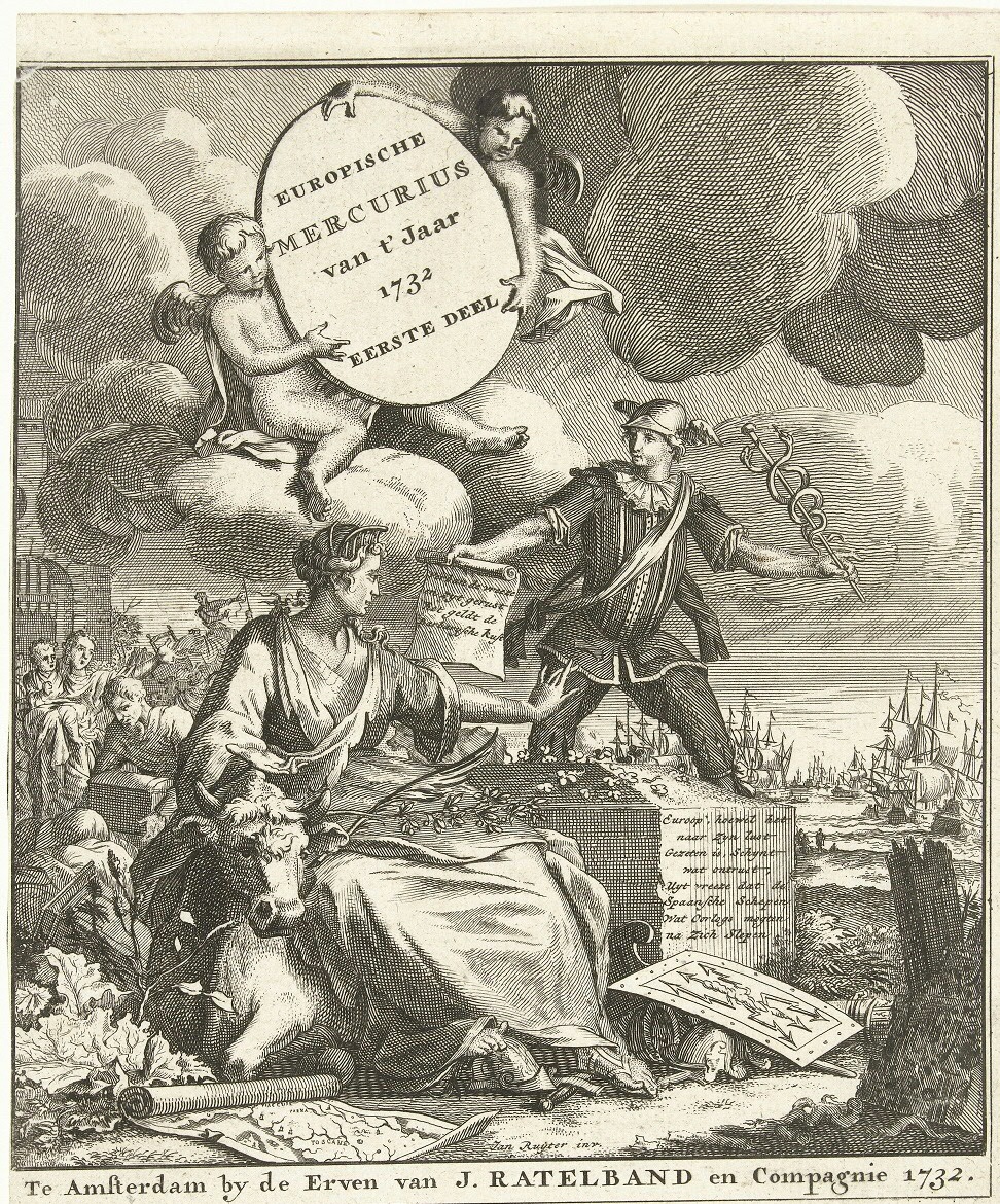 Titelprent voor de Europische Mercurius van 1732, gemaakt door Jan Ruyter. Mercurius brengt nieuws over oorlogsdreiging in de Middellandse Zee, een corrupte kardinaal verlaat Rome en de paalworm treft de Nederlandse dijken. Frontispiece of the Europische Mercurius from 1732, made by Jan Ruyter. Mercury delivers news about the threat of war in the Mediterranean, a corrupt cardinal leaves Rome, and the shipworm hits the Dutch dikes.