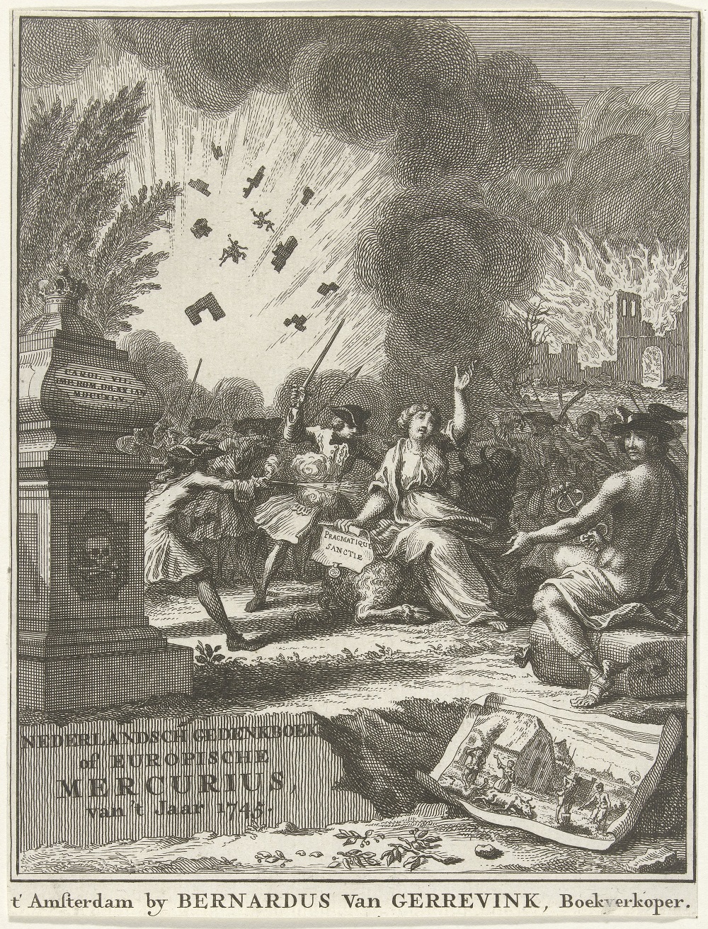 Titelprent voor de Europische Mercurius van 1745, toe te schrijven aan Jan Caspar Philips. De prent visualiseert de Oostenrijkse Successieoorlog, de dood van keizer Karel VII en de veepestepidemie (kleine afbeelding rechtsonder). 