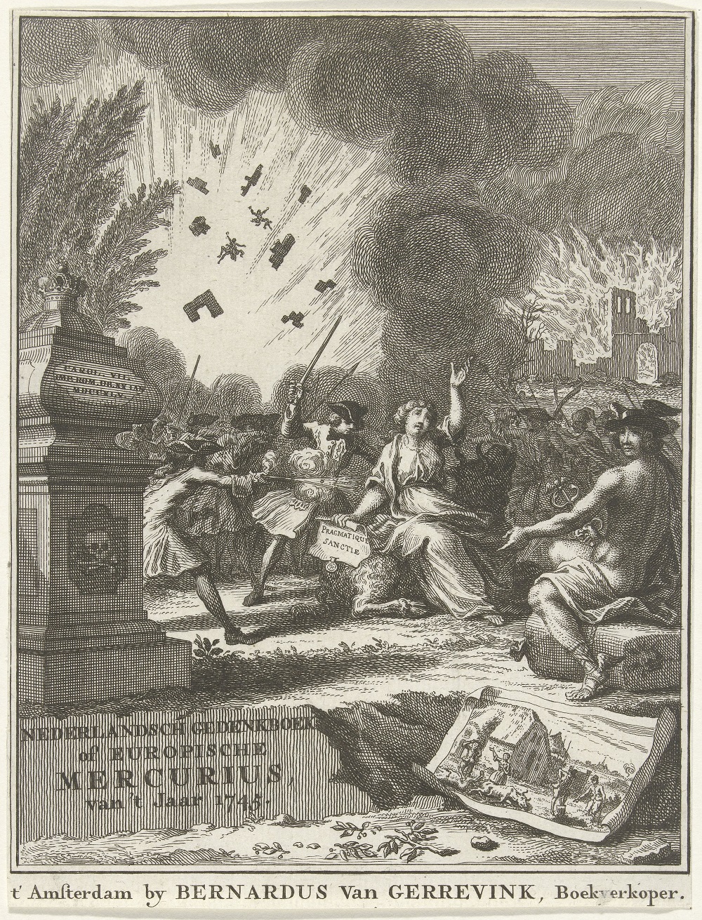 Titelprent voor de Europische Mercurius van 1745, toe te schrijven aan Jan Caspar Philips. De prent visualiseert de Oostenrijkse Successieoorlog, de dood van keizer Karel VII en de veepestepidemie (kleine afbeelding rechtsonder). Frontispiece of the Europische Mercurius from 1745, to be attributed to Jan Caspar Philips. The engraving visualizes the War of the Austrian Succession, the demise of Emperor Charles VII, and the cattle plague (small image lower right).