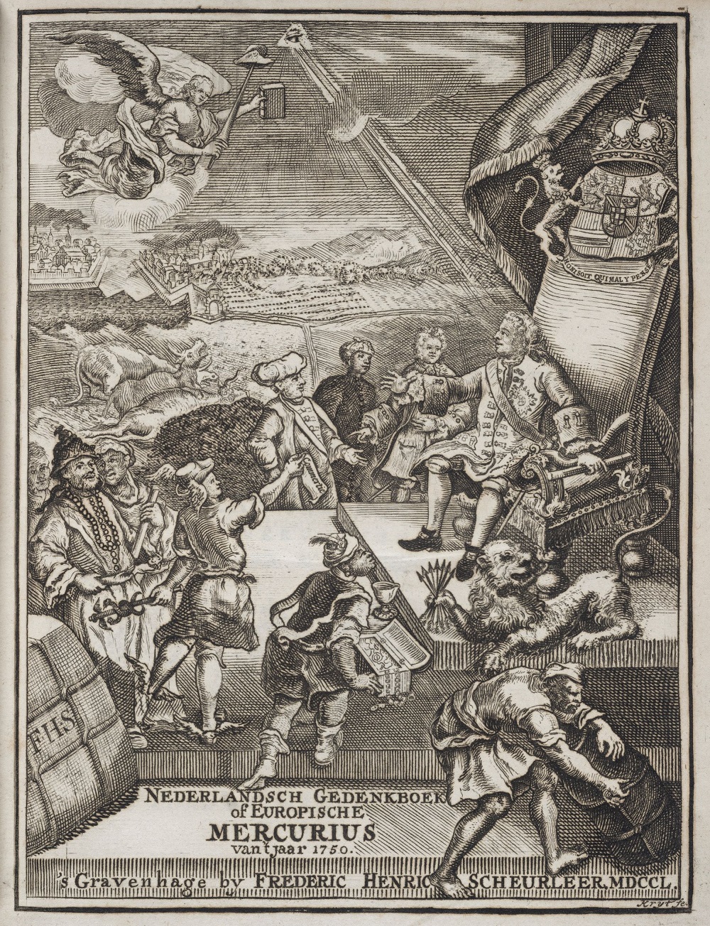 Titelprent voor de Europische Mercurius van 1750, toe te schrijven aan de Groninger Gerrit Sibersma. De prent toont stadhouder Willem IV die een buitenlands gezelschap ontvangt. Frontispiece of the Europische Mercurius from 1750, to be attributed to the Groningen artist Gerrit Sibersma. The engraving shows Stadtholder William IV welcoming a delegation from abroad.