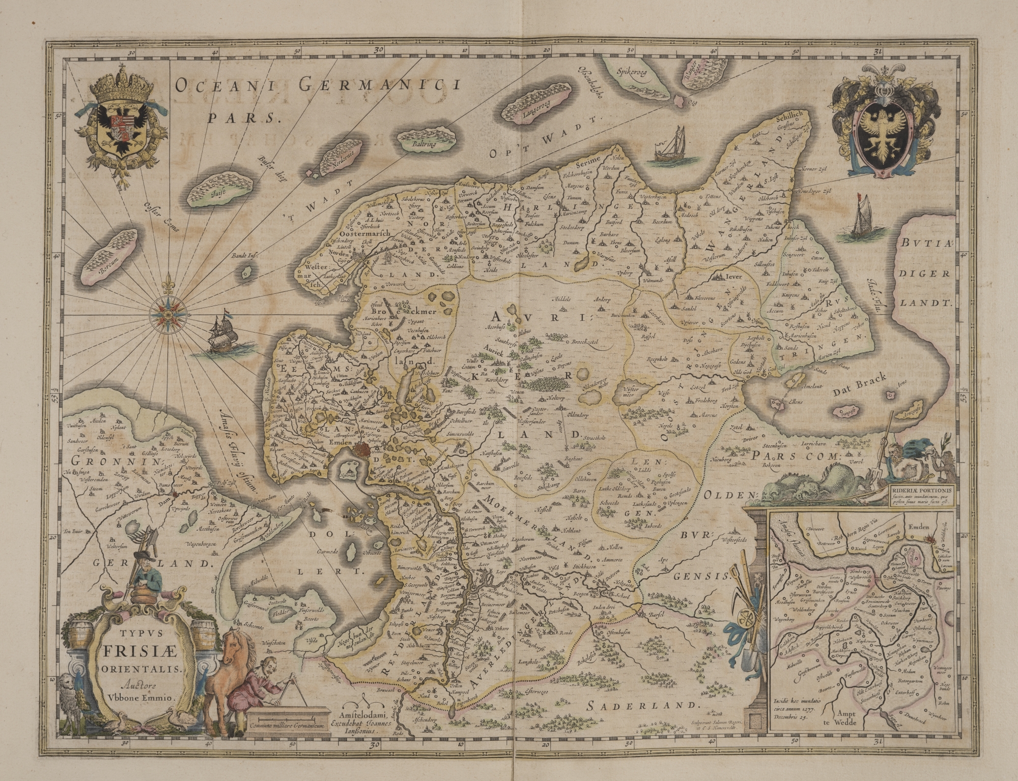 K02. Kaart van Oost-Friesland uit: Mercator, Nieuwen atlas, ofte Vverelt-beschryvinge, vertonende de voornaemste rijcken ende landen des gheheelen aerdt-bodems (Amsterdam 1647) (ex. UBG)K02. Map of East-Frisia from: Mercator, Nieuwen atlas, ofte Vverelt-beschryvinge, vertonende de voornaemste rijcken ende landen des gheheelen aerdt-bodems (Amsterdam 1647) (copy UBG)K02. Karte von Ostfriesland in: Mercator, Nieuwen atlas, ofte Vverelt-beschryvinge, vertonende de voornaemste rijcken ende landen des gheheelen aerdt-bodems (Amsterdam 1647) (Exemplar UBG)