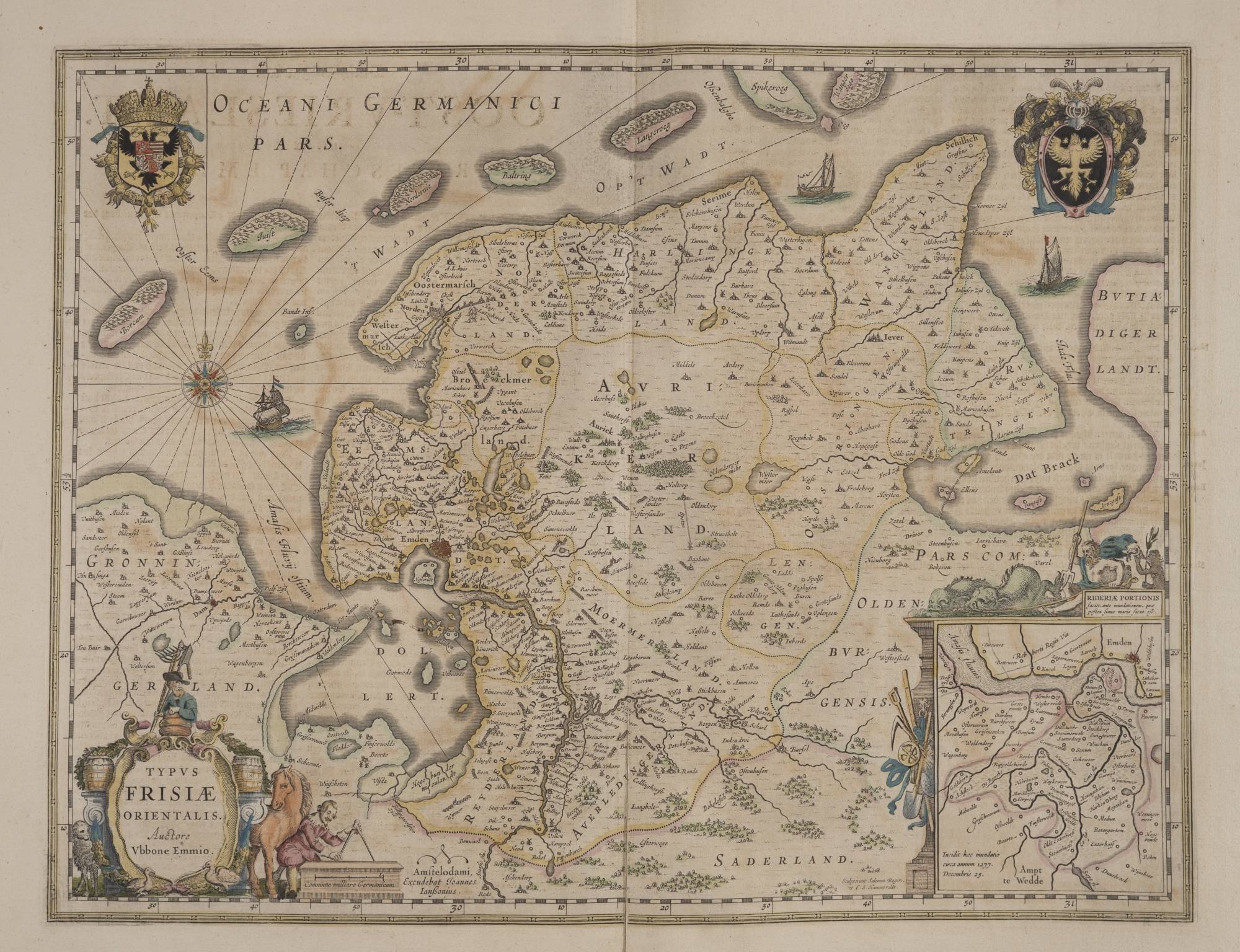 K02. Map of East-Frisia from: Mercator, Nieuwen atlas, ofte Vverelt-beschryvinge, vertonende de voornaemste rijcken ende landen des gheheelen aerdt-bodems (Amsterdam 1647) (copy UBG)