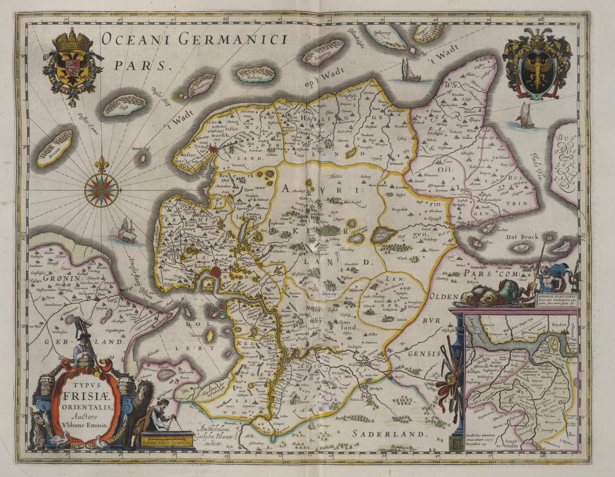 K03. Kaart van Oost-Friesland uit: Blaeu, Grooten atlas, oft werelt-beschryving, in welcke ’t aertryck, de zee en hemel wordt vertoont en beschreven (Amsterdam 1664) (ex. UBG)K03. Map of East-Frisia from: Blaeu, Grooten atlas, oft werelt-beschryving, in welcke ’t aertryck, de zee en hemel wordt vertoont en beschreven (Amsterdam 1664) (copy UBG)K03. Karte von Ostfriesland in: Blaeu, Grooten atlas, oft werelt-beschryving, in welcke ’t aertryck, de zee en hemel wordt vertoont en beschreven (Amsterdam 1664) (Exemplar UBG)