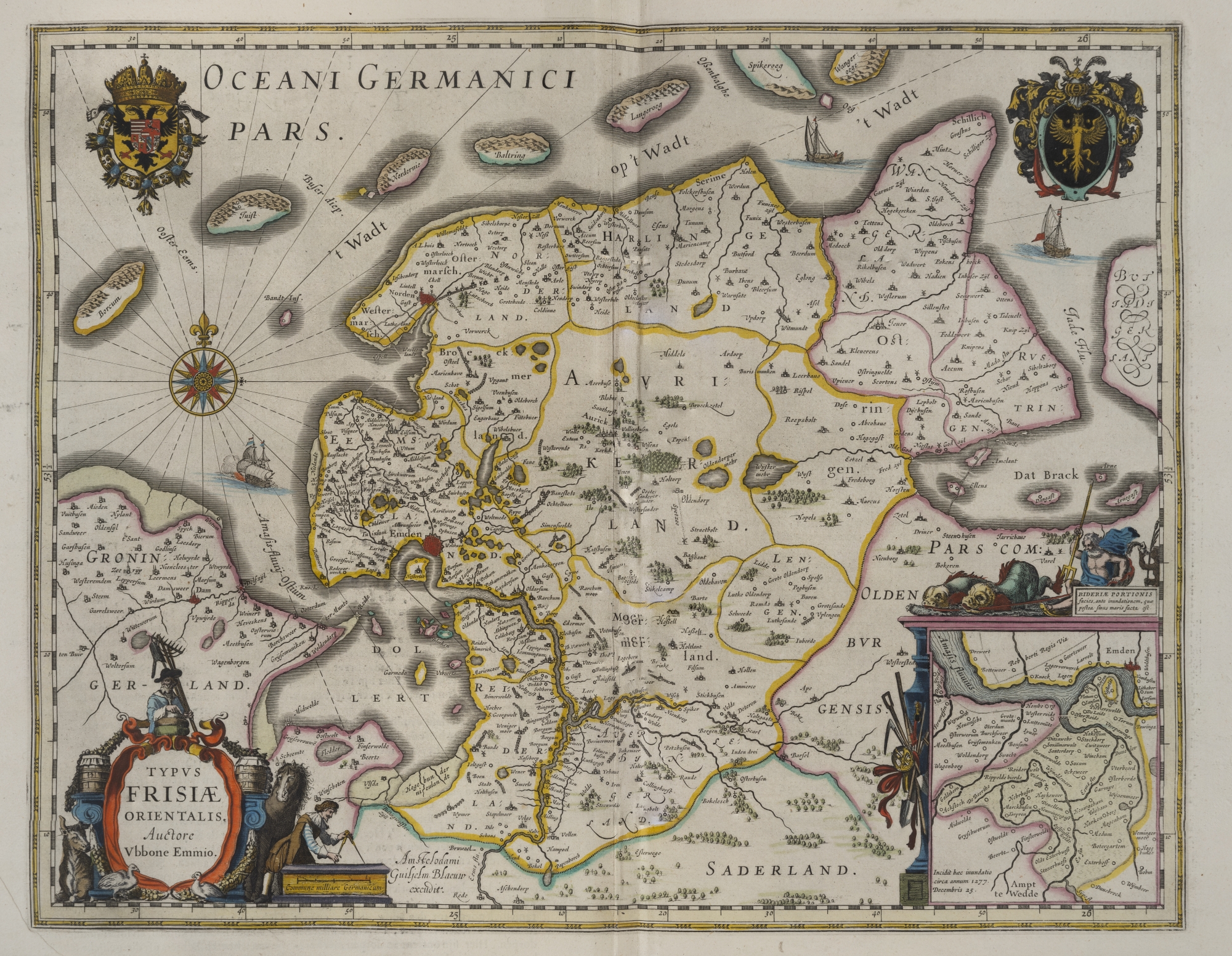 K03. Map of East-Frisia from: Blaeu, Grooten atlas, oft werelt-beschryving, in welcke ’t aertryck, de zee en hemel wordt vertoont en beschreven (Amsterdam 1664) (copy UBG)