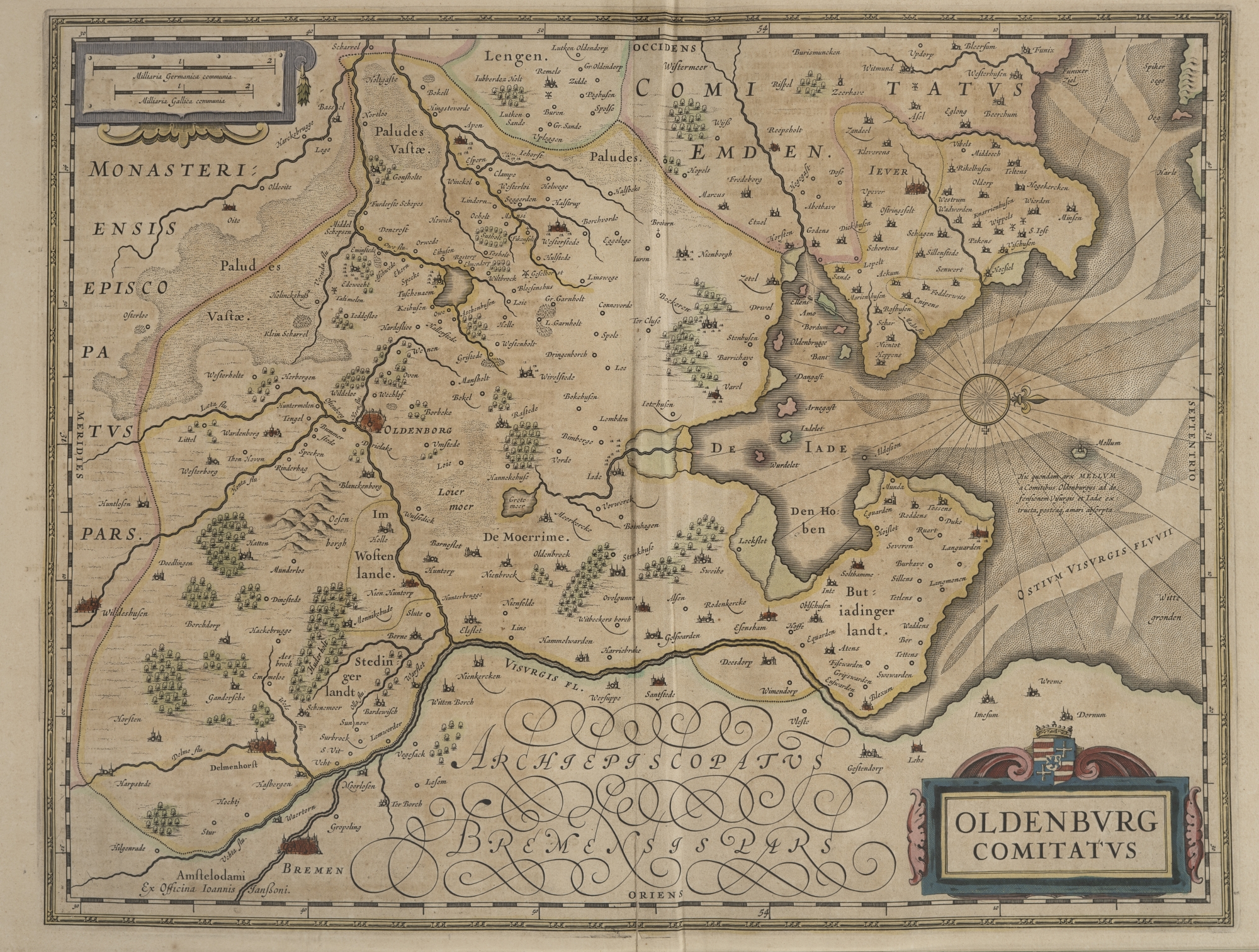 K05. Map of the County of Oldenburg from: Mercator, Nieuwen atlas, ofte Vverelt-beschryvinge, vertonende de voornaemste rijcken ende landen des gheheelen aerdt-bodems (Amsterdam 1647) (copy UBG)