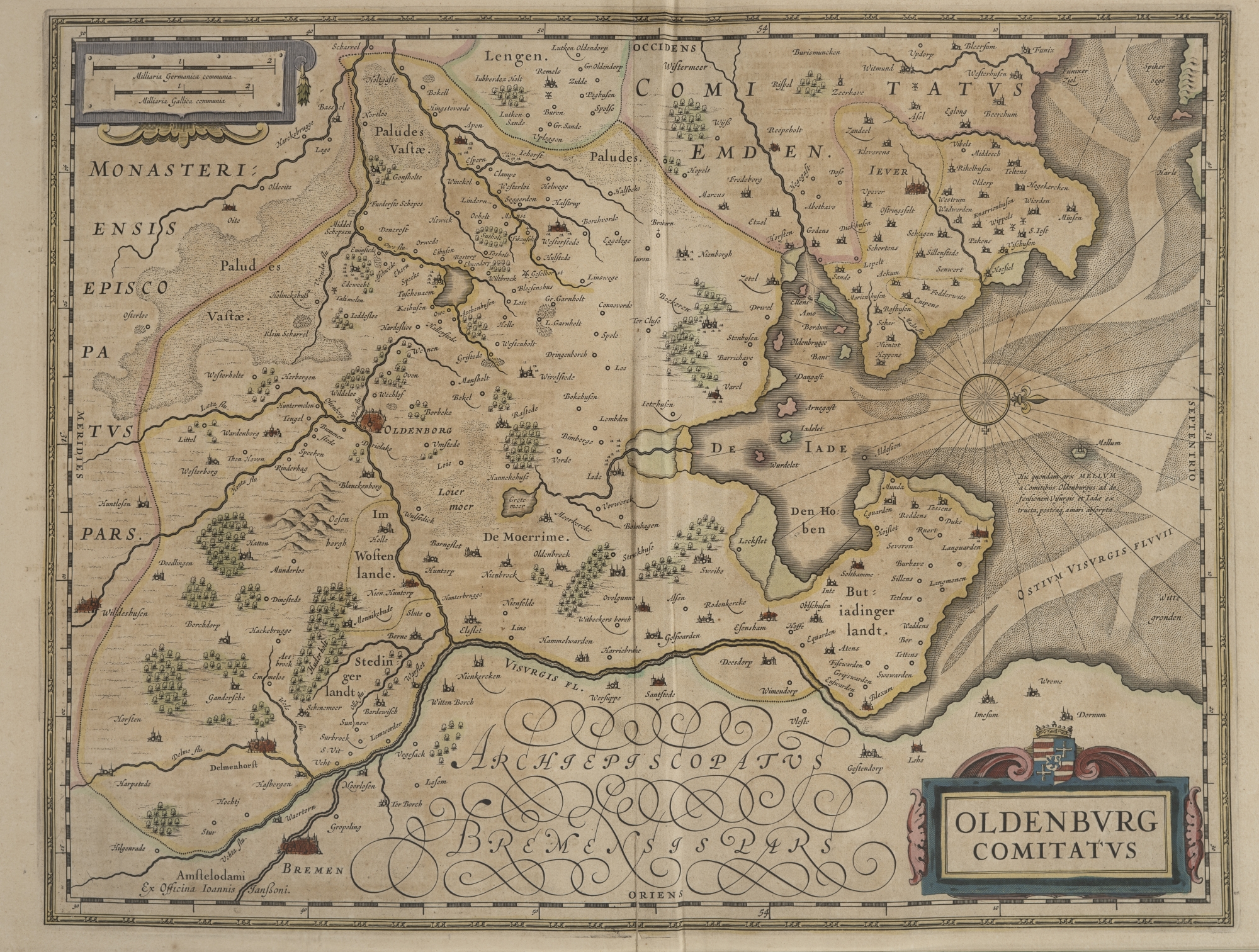 K05. Kaart van het graafschap Oldenburg uit: Mercator, Nieuwen atlas, ofte Vverelt-beschryvinge, vertonende de voornaemste rijcken ende landen des gheheelen aerdt-bodems (Amsterdam 1647) (ex. UBG)K05. Map of the County of Oldenburg from: Mercator, Nieuwen atlas, ofte Vverelt-beschryvinge, vertonende de voornaemste rijcken ende landen des gheheelen aerdt-bodems (Amsterdam 1647) (copy UBG)K05. Karte der Grafschaft Oldenburg in: Mercator, Nieuwen atlas, ofte Vverelt-beschryvinge, vertonende de voornaemste rijcken ende landen des gheheelen aerdt-bodems (Amsterdam 1647) (Exemplar UBG)