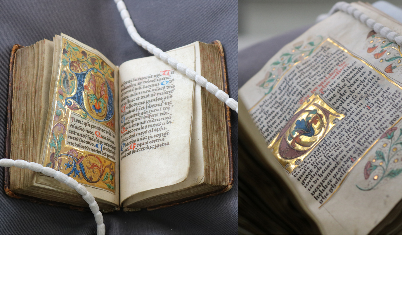 De meeste van deze devote manuscripten zijn prachtig versierd met decoraties in verschillende kleuren. De gouden decoraties komen pas goed naar voren wanneer deze werken worden gefotografeerd onder de juiste lichtinval. Links: een fragment uit het Getijdenboek uit Thesinge (Hs. Add. 266). Rechts: een fragment uit het Gebedsboek uit Thesinge (Hs. Add. 360).