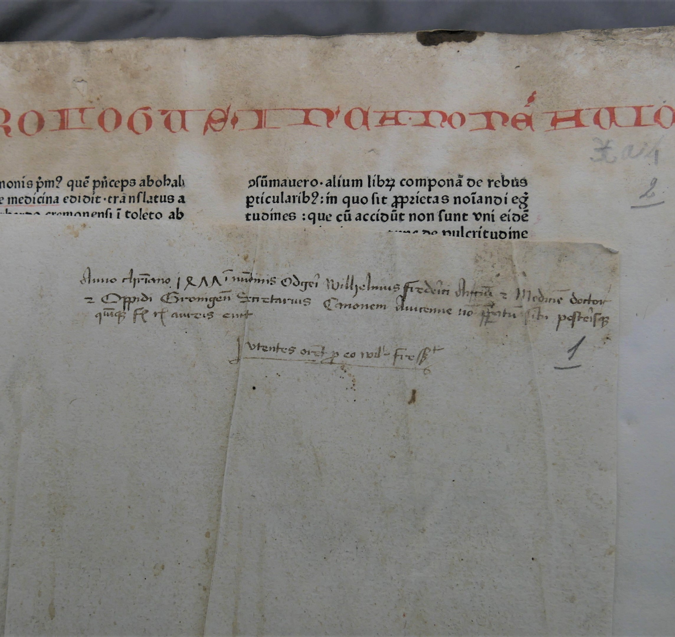 Wilhelmus Frederici’s eigendomsinscriptie voorin zijn Canon medicinae van Avicenna. Inc. 34Wilhelmus Frederici’s inscription in his copy of Avicenna’s Canon medicinae