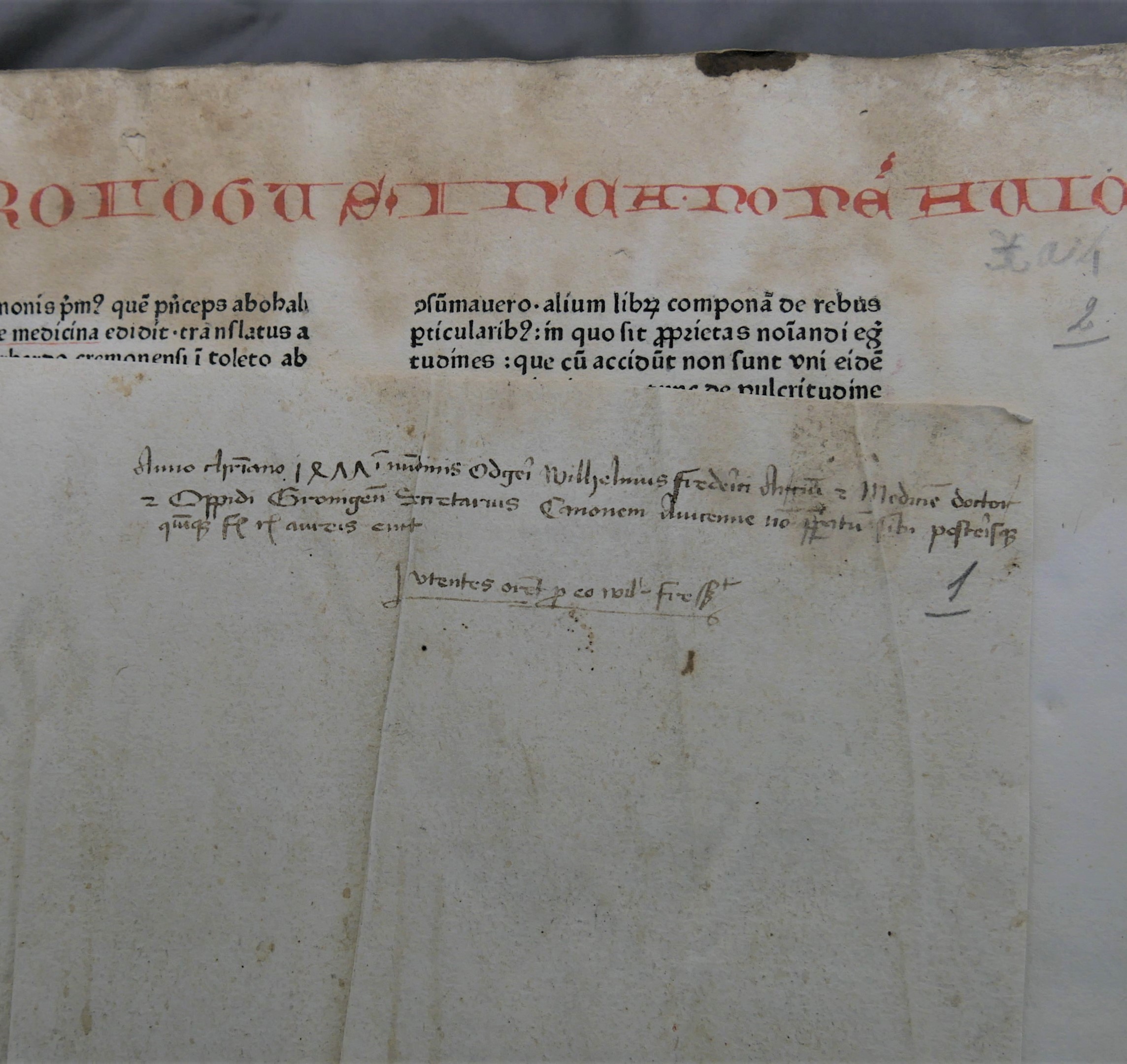 Wilhelmus Frederici’s eigendomsinscriptie voorin zijn Canon medicinae van Avicenna. Inc. 34