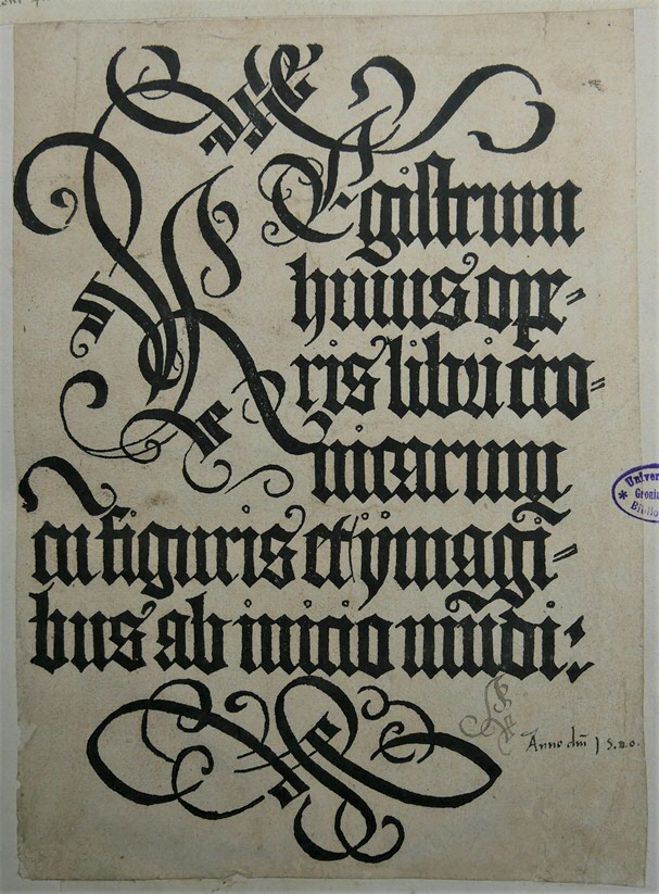 Inc. 163. Iemand kopieerde de zwierige krullen van de hoofdletter ‘R’ rechtsonder in Hartmann Schedels Liber chronicarum.Inc. 163. A doodler copied the flourishes of the capital letter ‘R’ in the lower right corner, in Hartmann Schedel’s Liber chronicarum