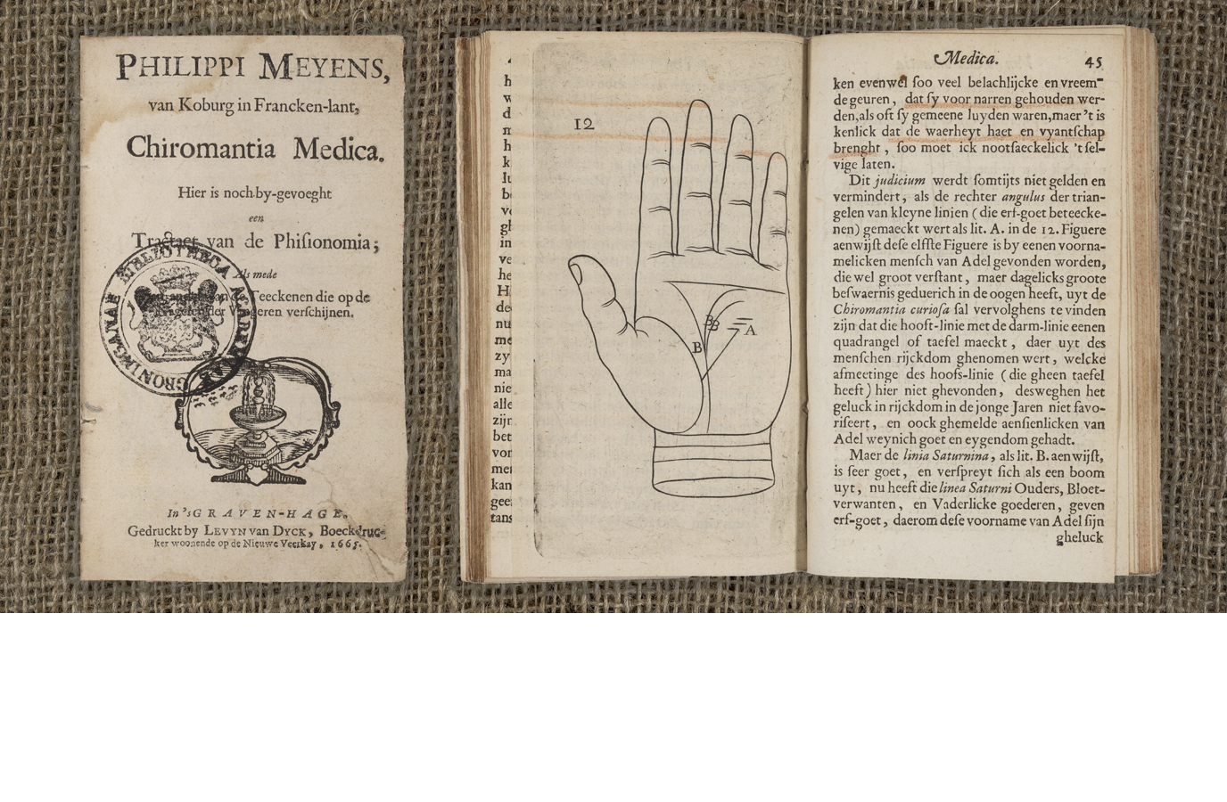 In dit exemplaar van Philip Meyens’ 'Chiromantia Medica' uit 1665 zijn op verschillende pagina’s strepen onder zinnen gezet. Ook staan in dit traktaat over fysionomie en handleeskunde allerlei aantekeningen en zelfs een handtekening van de auteur.In this copy of Philip Meyens' 'Chiromantia Medica'Chiromantia Medica' from 1665 we see that, throughout the book, certain sentences are underlined. This treatise on physiognomy and palm-reading contains all kinds of notes in the margins and even an autograph of the author.