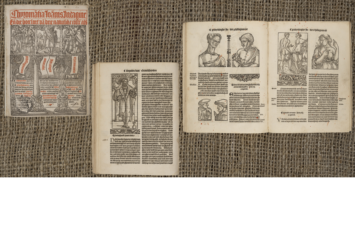 Deze Nederlandse vertaling van Johannes ab Indagine’s traktaat over o.a. fysionomie, astrologie en handleeskunde is verrijkt met prachtige afbeeldingen. In dit werk uit 1536 vinden we aantekeningen in de kantlijn en zelfs een aantal pagina’s waar kaarsvet overheen gespetterd is.This Dutch translation of Johannes ab Indagine’s treatise on i.a. physiognomy, astrology and palm-reading, is enriched with beautiful illustrations. In this work, dating from 1536, we find notes in the margins and even some wax splattered across some pages.