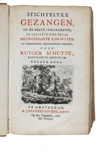 4. Titelblad uit: Rutger Schutte, Stichtelyke gezangen, Amsterdam, 1762, Wijchers WB 3.2.1 740. Engelen bespelen de harp, de luit en een orgel bij een opgeslagen boek, de Bijbel.