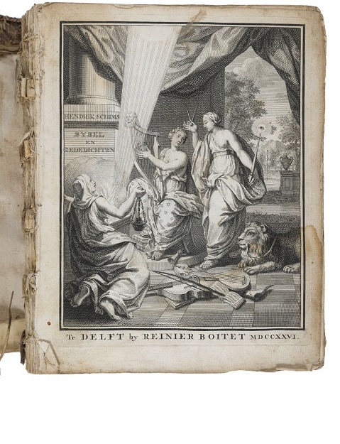2. Titelprent uit: Hendrik Schim, Bybel en zededichten, Delft, 1776, Wijchers Wa 2.4 217. De woeste natuur, verzinnebeeld door de leeuw, wordt getemd door muziek in allerlei gedaanten. Dat komt overeen met de zienswijze van Wijchers zelf.