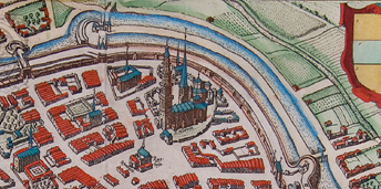 Kaart van Groningen uit 1575. Het broederhuis is zichtbaar achter de Martinitoren en de Walburgkerk