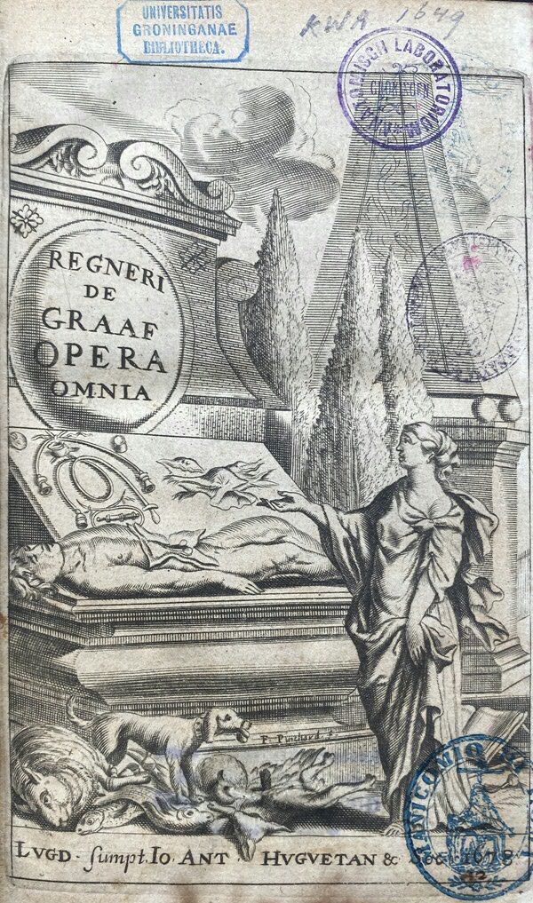3. Title page, P. Pinchard, line engraving. From: Reinier de Graaf, Opera Omnia, 1678.