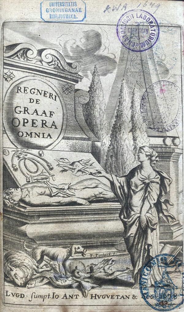 Titelblad, P. Pinchard, lijngravure. Uit: Reinier de Graaf, Opera Omnia, 1678.