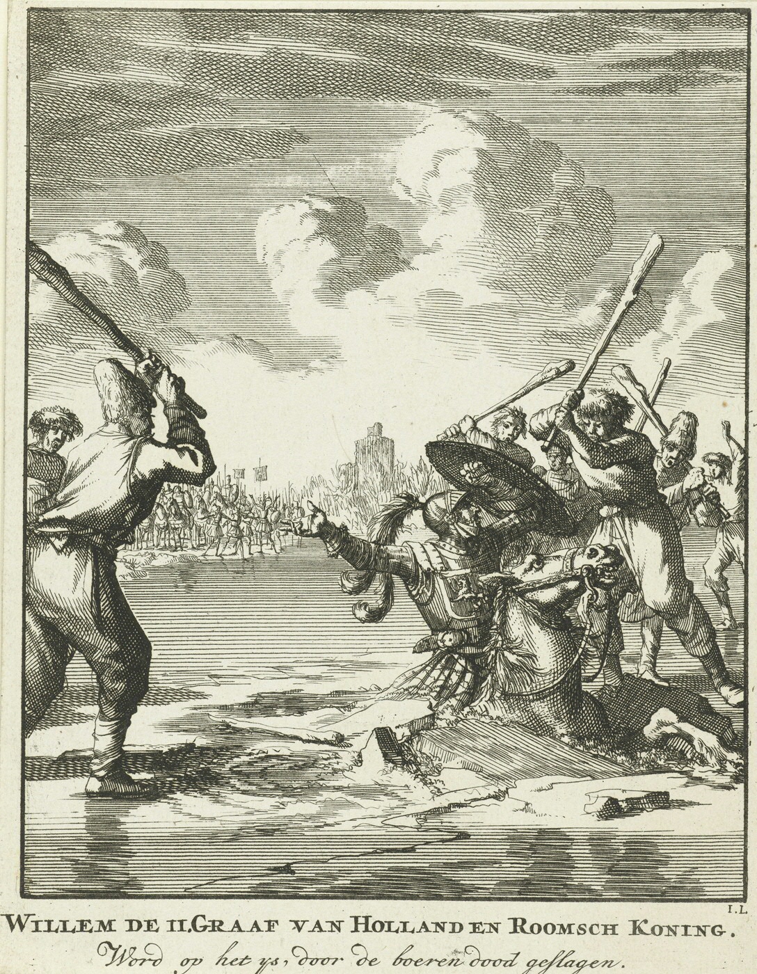 6. Count William II falling through the ice near Hoogwoud, 1256, Jan Luyken, 1660–1712, etching