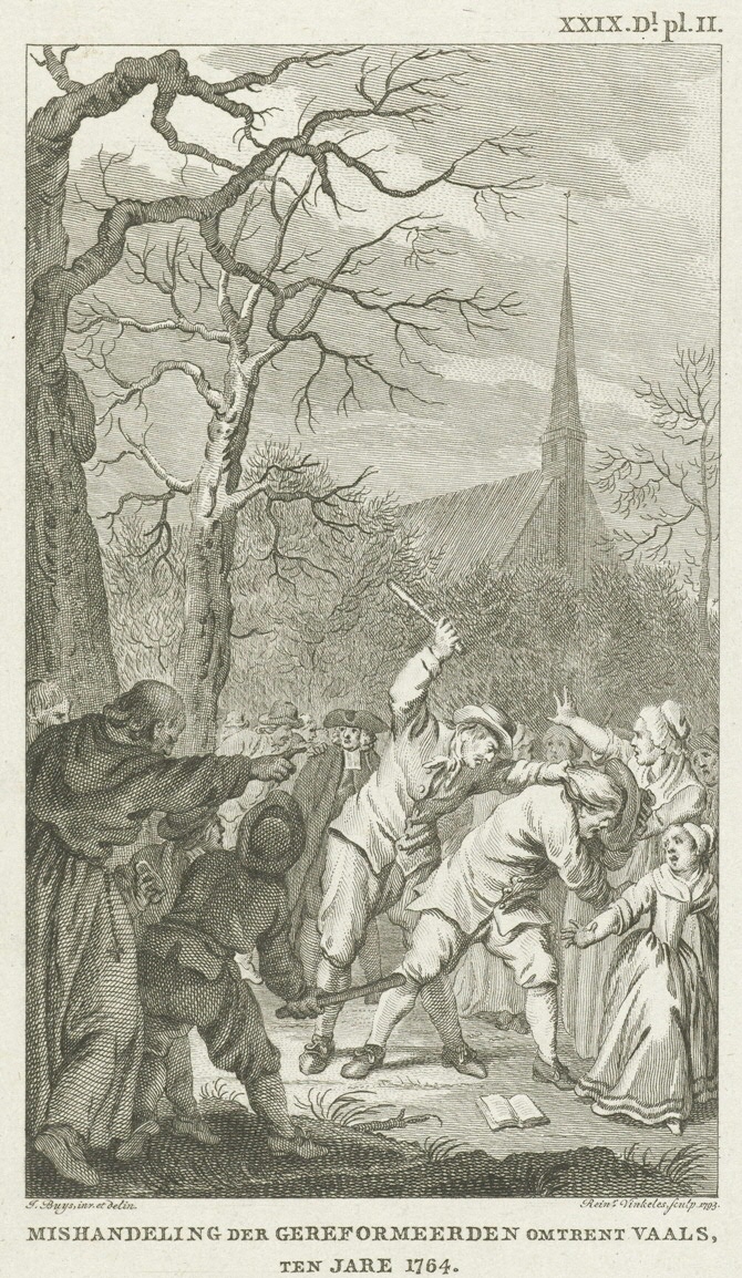 9. Mishandeling van gereformeerden bij Vaals, 1764, Reinier Vinkeles (I), naar Jacobus Buys, 1793, ets en gravure