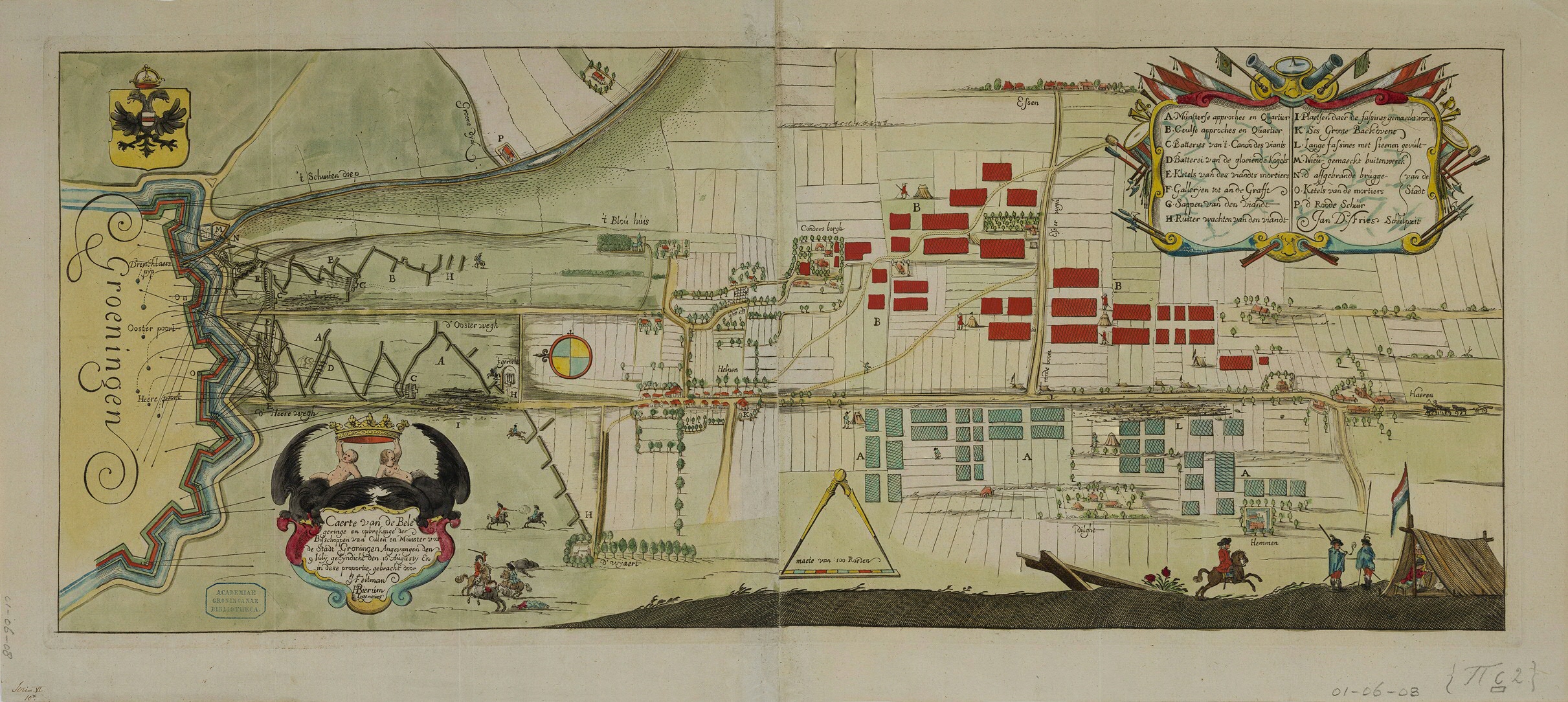 Ill. 1: ‘Map of the Siege of Groningen by the bishops of Co-logne and Münster, and the lifting of the Siege, begun on 9 July, ended on 16 August.’ Coloured copper engraving by Jan de Fries based on a drawing by the surveyors Joannes Feltman and Hendrick Bierum. University of Groningen Li-brary (UGL), uklu 01-06-08
