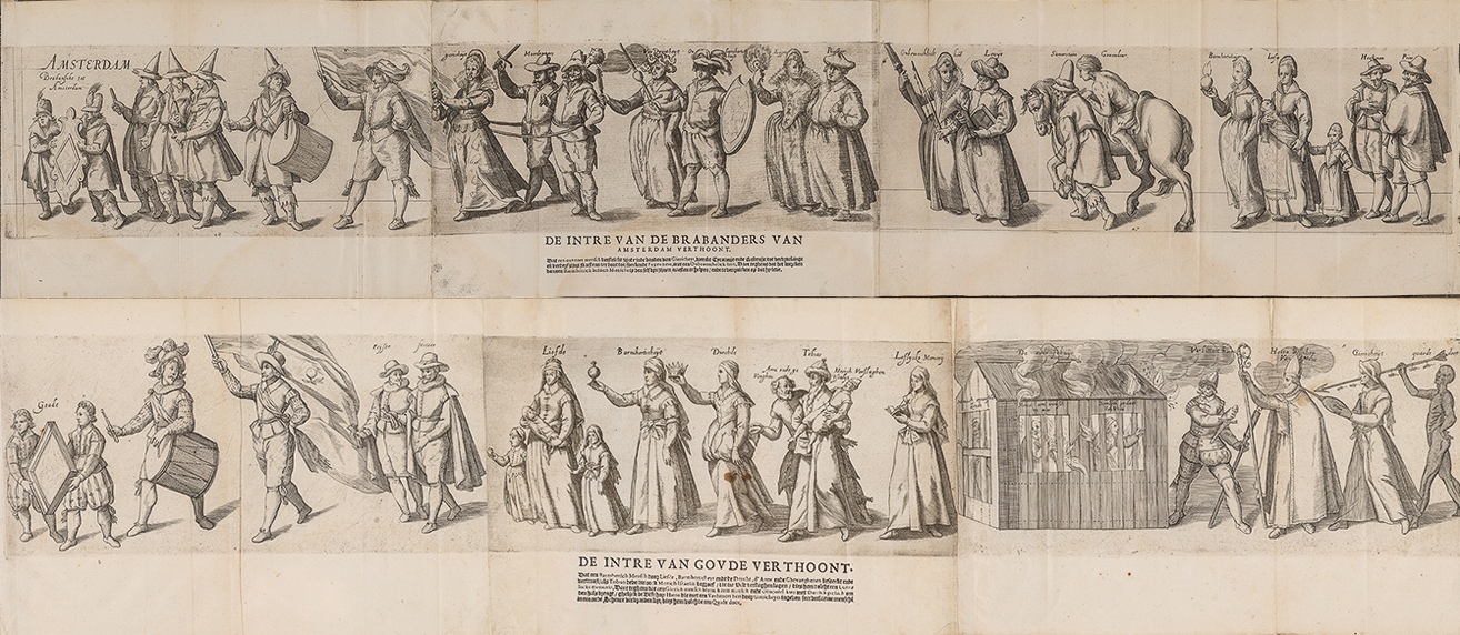 Two-folded-out engravings of the entrance of the Brabant chamber of Amsterdam (top) and the chamber of Gouda (bottom)