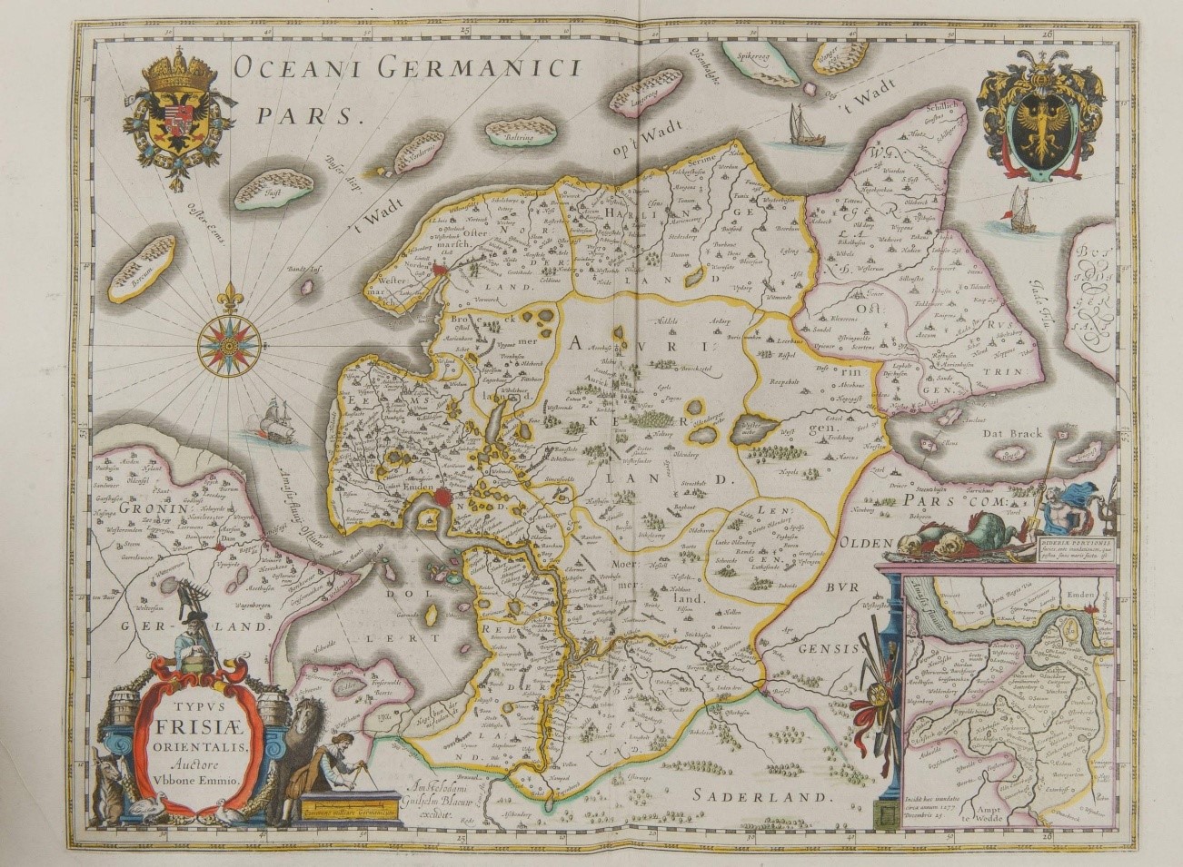 slide 6: This map, also by Emmius, was printed in 1664 by Willem Janszoons Blaeu in Amsterdam, in J. Blaeus Grooten atlas, oft werelt-beschryving, in welcke ‘t aertryck, de zee en hemel wordt vertoont en beschreven. The flood of 1277 is mentioned once again. Emmius pleaded for a more historically realistic represen-tation of the past, in both books and maps. Because his map of 1616 does not mention the 1277 flood, we cannot be sure whether he deliberately perpetuated the mythical flood in this map, or did so for reasons that were perhaps beyond his control.