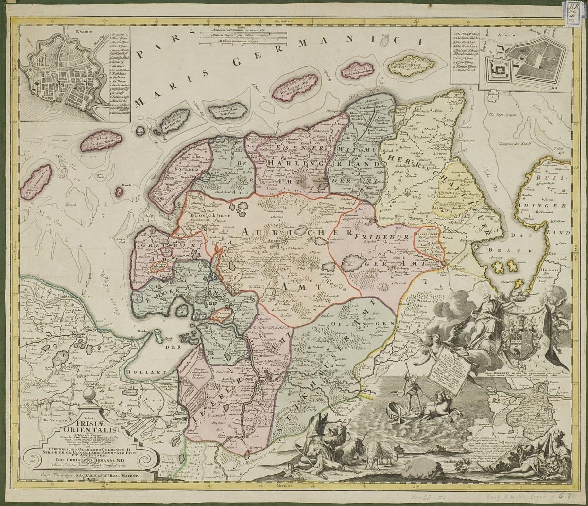 slide 7: Single map of Ostfriesland by Emmius, called Tabula Frisiæ Orientalis, published posthumously by Johannes Christopher Homann in Nuremberg in 1730. The mythical flood is still mentioned, and this time illustrated with yet more artwork than in earlier maps.