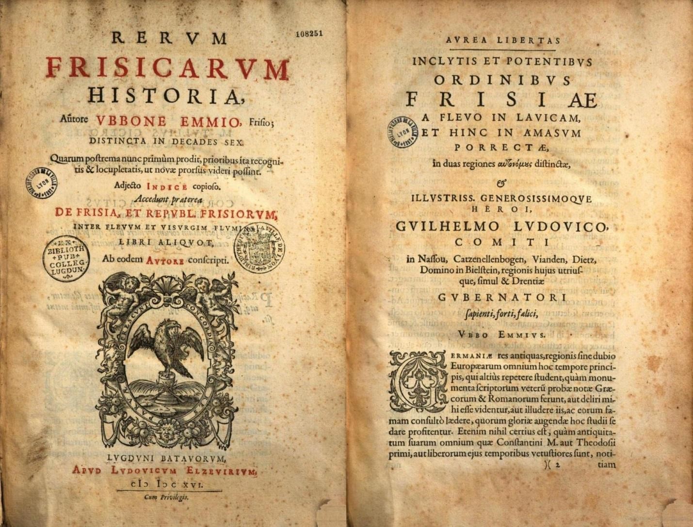 slide 2: The series of books entitled Rerum Frisicarum Historia were Emmius’ life’s work. These two pages are from one of these books. The complete series con-sisted of sixty books, published between 1592 and 1616. When he started work-ing on his Rerum Frisicarum Historia, Emmius had not yet made a name for himself as a scholar. In the first published issues or ‘decades’ of his work, he challenged the scholarly establishment for their historical laxity and leeway with the truth.