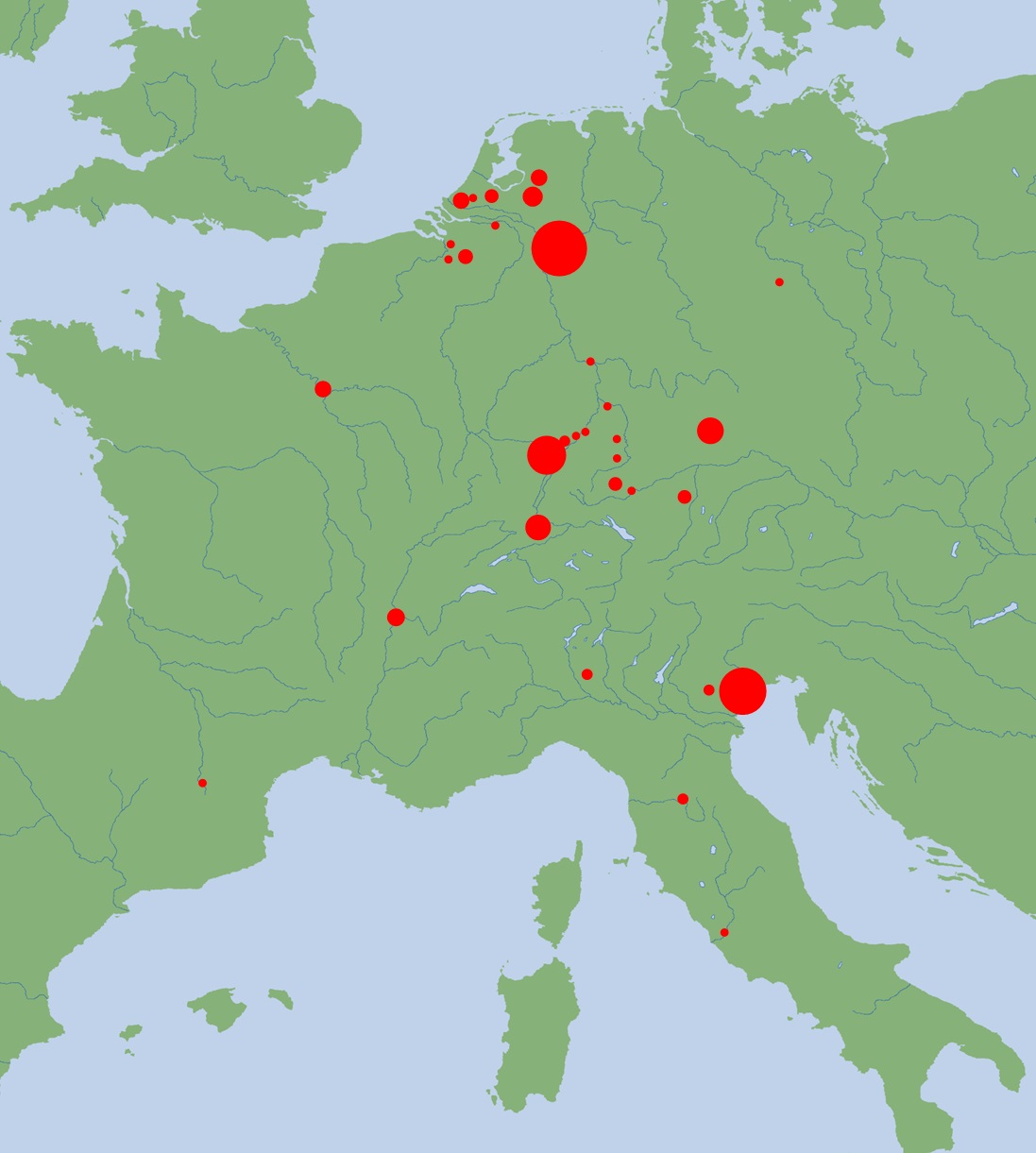 The towns where the editions currently in the incunabula collection at the University of Groningen Library were printed. The size of the red circles corresponds to the number of editions from that town