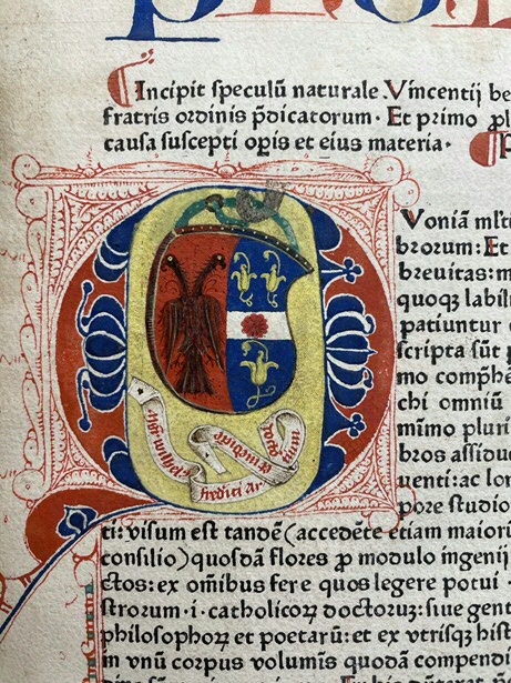 Inc. 189. Wilhelmus Frederici’s coat of arms in his copy of Vincent of Beauvais’ Speculum naturale, fol. [a2]r