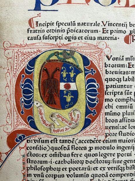 Inc. 189. Wilhelmus Frederici’s familiewapen in Speculum naturale van Vincent van Beauvais, fol. [a2]r.