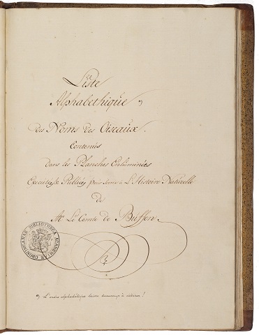 Title-page of a manuscript edition of Buffoni et Daubentoni figurarum avium coloratarum nomina systematica. Foto: Dirk Fennema