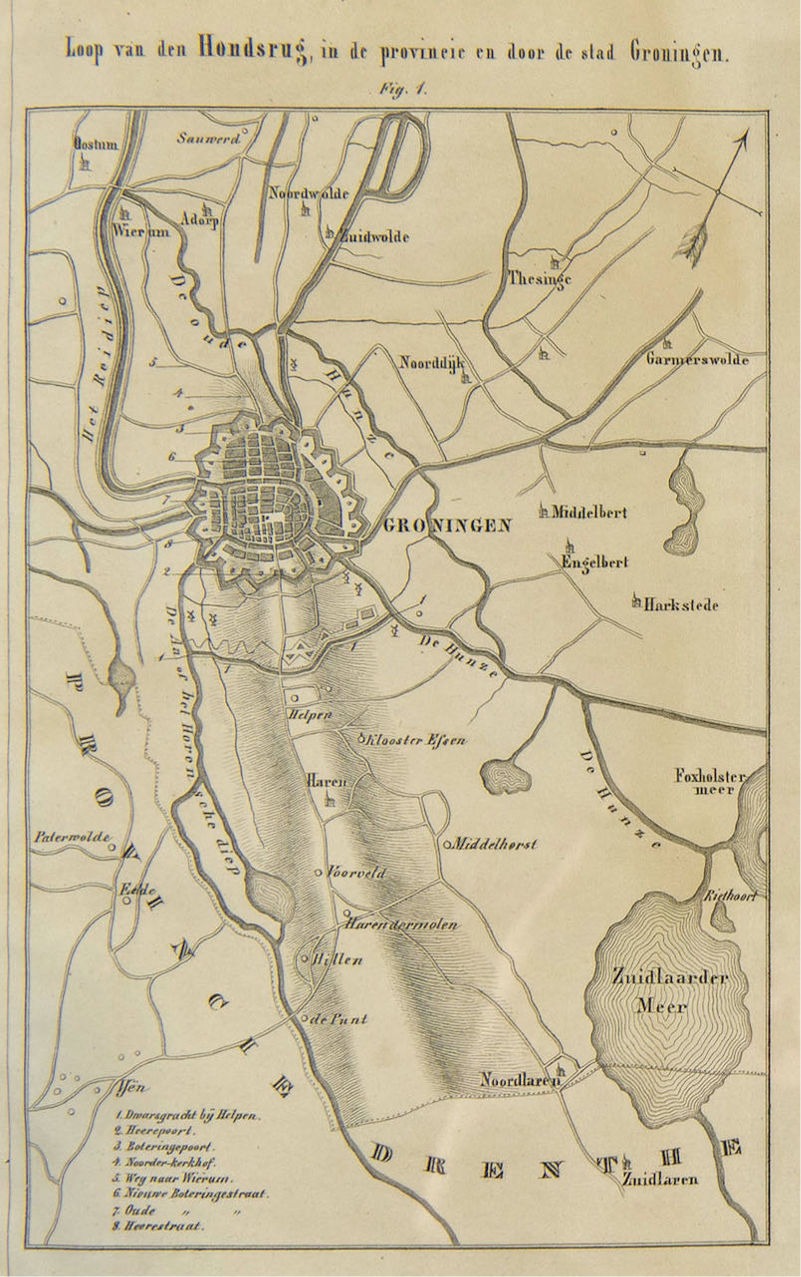 L.A. Cohen, Loop van den Hondsrug, in de provincie en door de stad Groningen [The Hondsrug ridge running through the province and city of Groningen] (Leiden, 1842). The convent and the courses of the Hunze and the old Hunze rivers are also marked. UBG Backer 183