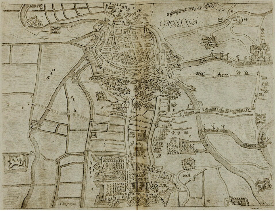 Het klooster Yesse afgebeeld (rechtsonder) op een kopergravure van het beleg van Groningen in 1594.