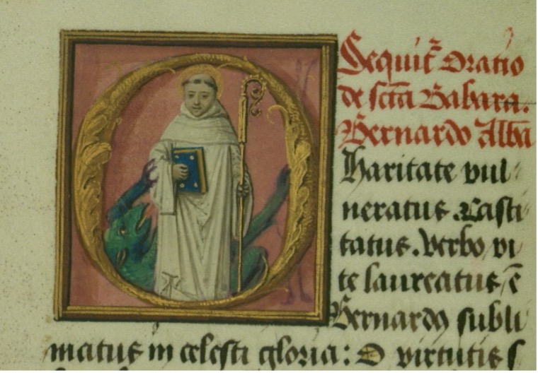 Bernard tramples the devil. Historicized initial in a prayer book from circa 1500.