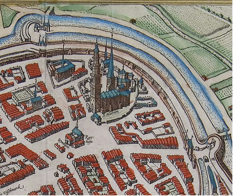 Detail of a city map of Groningen from 1575 showing the Walburg Church to the right behind the Martini Church. UBG uklu 01-13-06